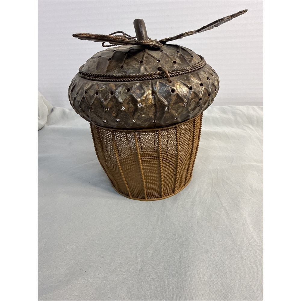 Vintage Metal Mesh Acorn Basket Lidded Decorative Trinket Jar Fall Harvest Decor - Picture 7 of 9